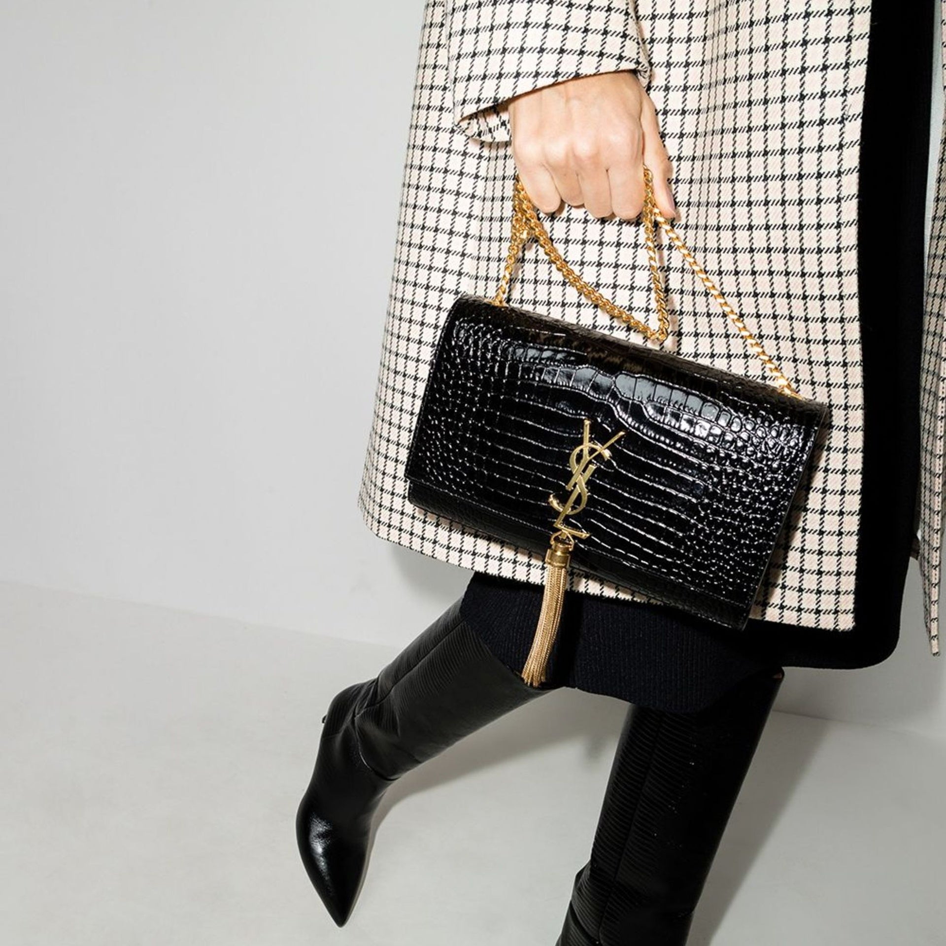 Saint Laurent Kate Medium Tassel Crocodile Embossed Leather Bag